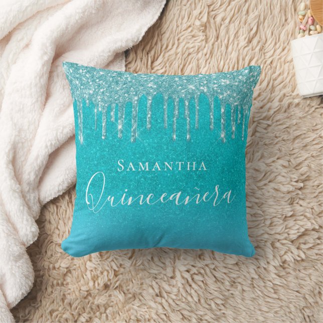 Quinceanera teal blue glitter sea green monogram cushion (Blanket)