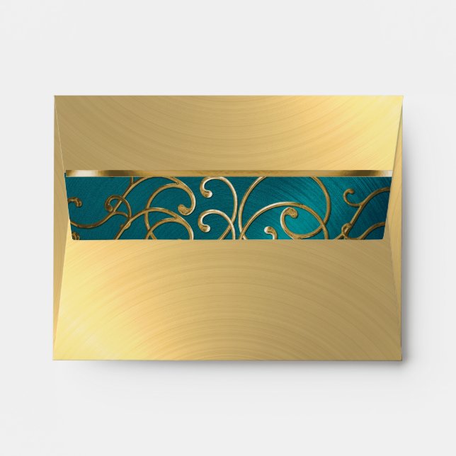 Quinceanera Teal Blue Green and Gold Filigree Envelopes (Back (Top Flap))