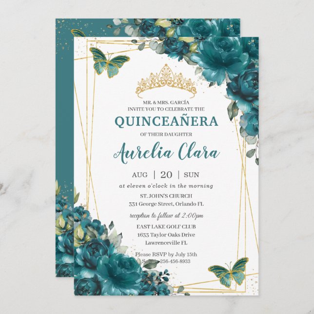 Quinceañera Teal Blue Green Floral Butterflies  Invitation (Front/Back)