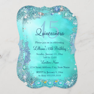 Quinceanera Teal Blue Ocean Jewel Birthday Party Invitation