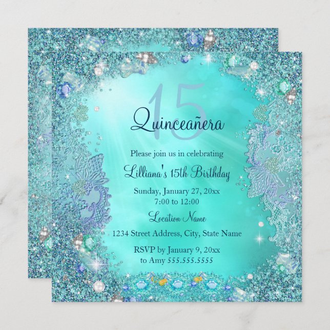 Quinceanera Teal Blue Ocean Jewel Birthday Party Invitation (Front/Back)