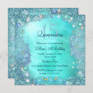 Quinceanera Teal Blue Ocean Jewel Birthday Party Invitation
