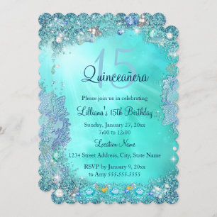 Quinceanera Teal Blue Ocean Jewel Birthday Party Invitation