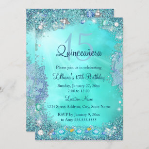 Quinceanera Teal Blue Ocean Jewel Birthday Party Invitation