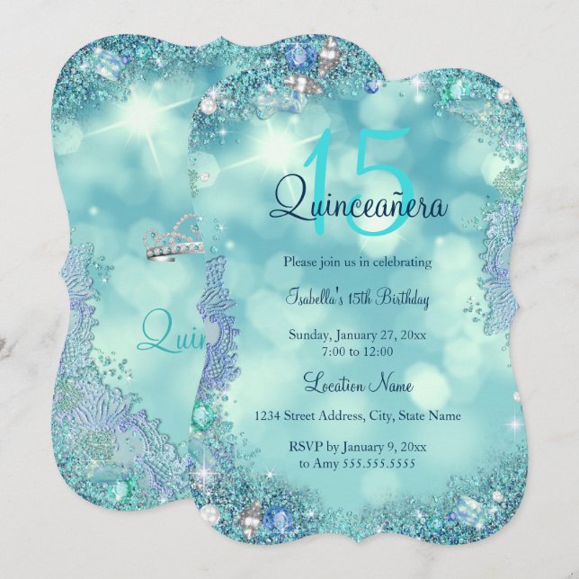 Quinceanera Teal Blue Ocean Sky Birthday Party Invitation (Front/Back)