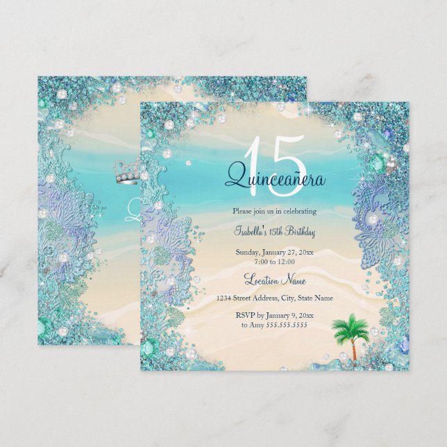 Quinceanera Teal Blue Sand Ocean Beach Birthday 2 Invitation (Front/Back)