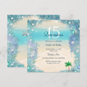 Quinceanera Teal Blue Sand Ocean Beach Birthday 2 Invitation