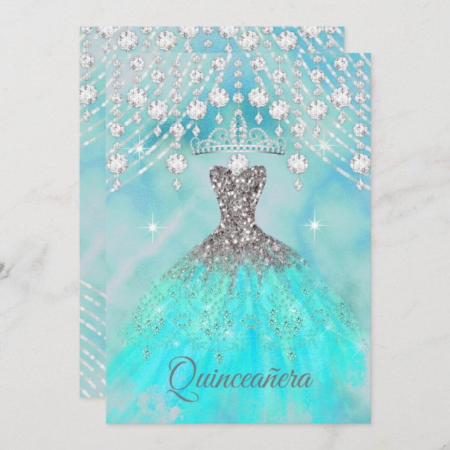 Quinceanera Teal Blue Silver 15th Birthday Party Invitation (Front/Back)