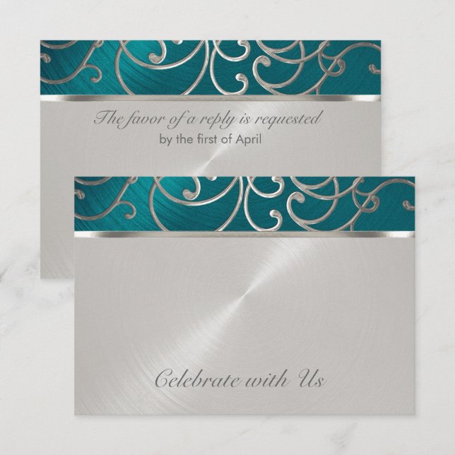Quinceanera Teal Blue Silver Filigree Swirls RSVP Card (Front/Back)