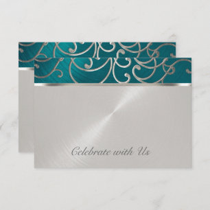 Quinceanera Teal Blue Silver Filigree Swirls RSVP Card