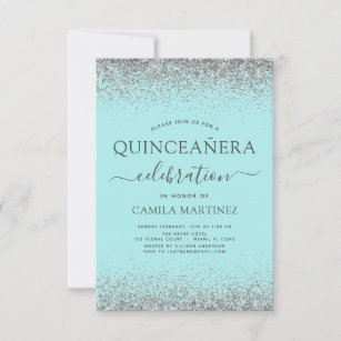 Quinceanera Teal Blue Silver Glitter Sparkle Invitation