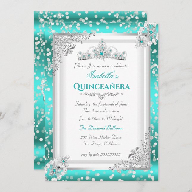 Quinceanera Teal Blue Silver Snowflake Tiara Invitation (Front/Back)
