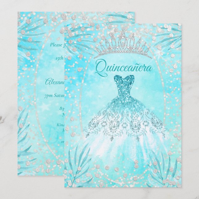 Quinceanera Teal Blue Tiara Dress winter Birthday Invitation (Front/Back)