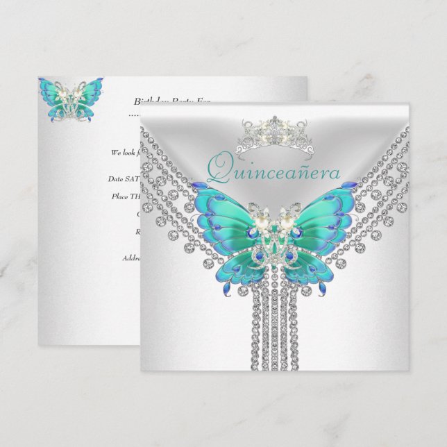 Quinceañera Teal Blue White Butterfly Diamond 2 Invitation (Front/Back)