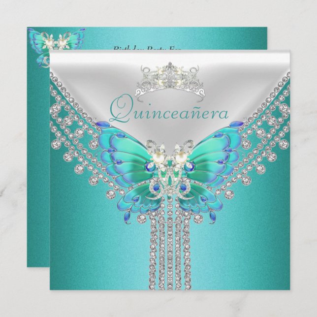 Quinceañera Teal Blue White Butterfly Diamond Invitation (Front/Back)