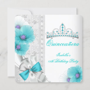 Quinceanera Teal Blue White Floral Diamond Tiara Invitation