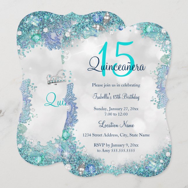 Quinceanera Teal Blue White Ocean Sky Birthday Invitation (Front/Back)
