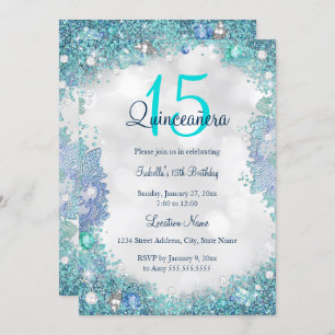Quinceanera Teal Blue White Ocean Sky Birthday Invitation