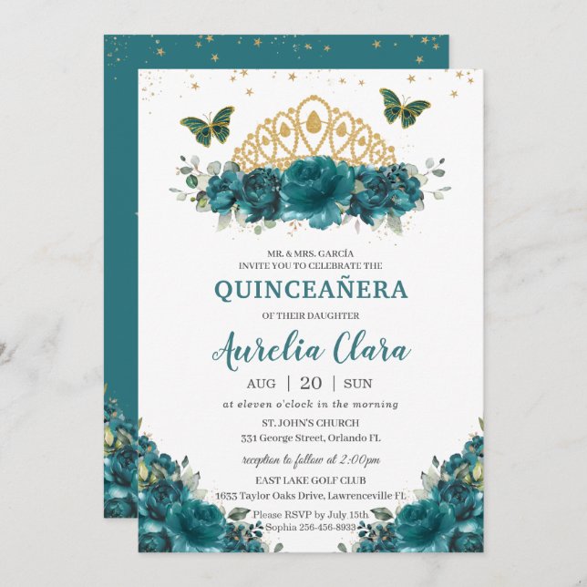 Quinceañera Teal Cyan Floral Butterflies Crown Invitation (Front/Back)