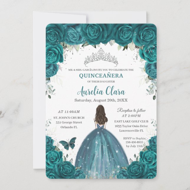 Quinceañera Teal Floral Butterflies Silver Tiara Invitation (Front)
