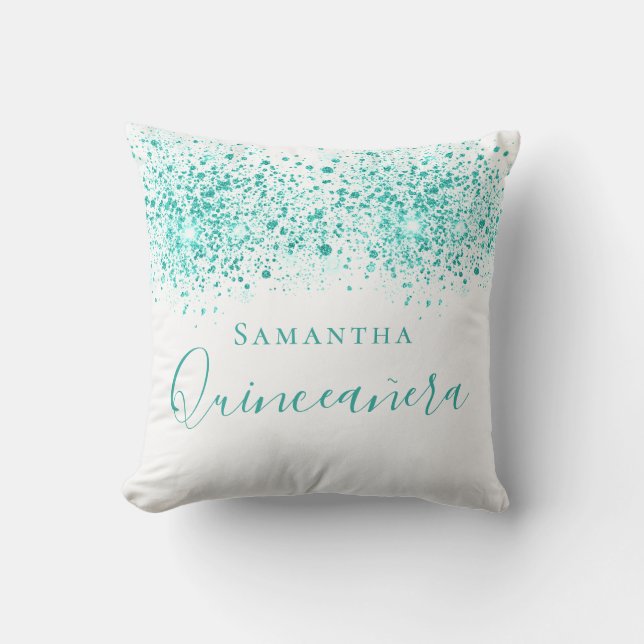 Quinceanera teal glitter drops monogram white cushion (Front)
