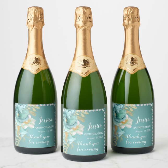 Quinceanera Teal Gold Floral Sparkling Wine Label (Bottles)