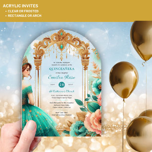 Quinceañera Teal Green Gold Mis Quince Flowers Acrylic Invitations