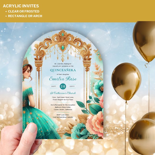 Quinceañera Teal Green Gold Mis Quince Flowers Acrylic Invitations (Creator Uploaded)