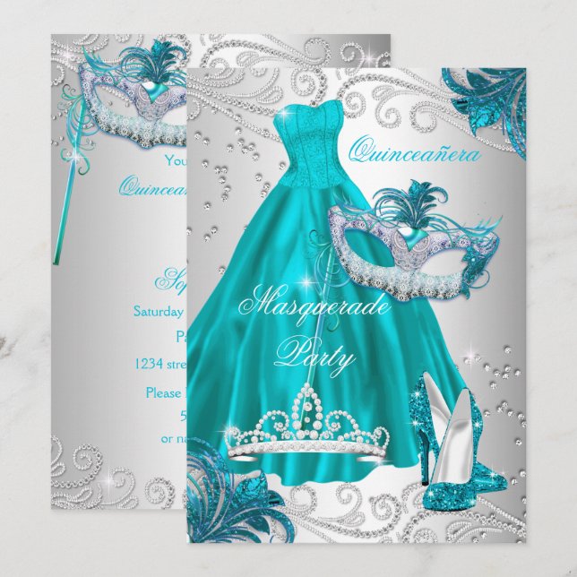 Quinceanera Teal Mask Silver Dress Masquerade Blue Invitation (Front/Back)