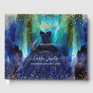 Quinceanera Teal Navy Blue Watercolor Gown Guest Book