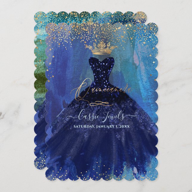 Quinceanera Teal Navy Blue Watercolor Gown Invitation (Front/Back)