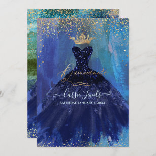 Quinceanera Teal Navy Blue Watercolor Gown Invitation