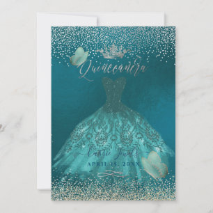 Quinceanera Teal Ombre Butterflies Princess Gown Invitation