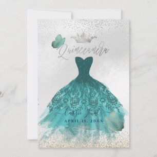Quinceanera Teal Ombre Butterflies Princess Gown Invitation