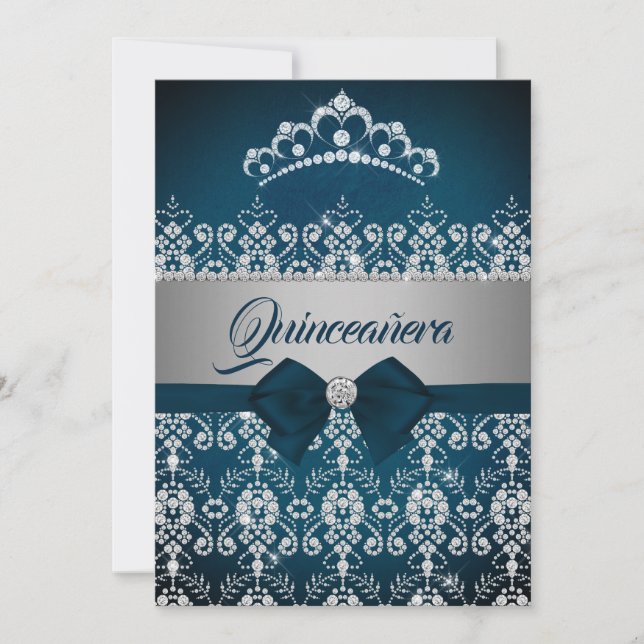 Quinceanera Teal Silver Sparkle Diamond Tiara Bow Invitation (Front)