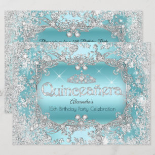Quinceanera Teal Silver Tiara Winter Wonderland Invitation