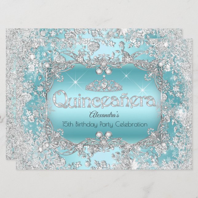Quinceanera Teal Silver Tiara Winter Wonderland Invitation (Front/Back)
