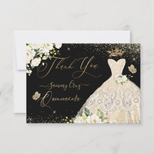 Quinceanera Thank You Champagne Gold Glitter Gown Card