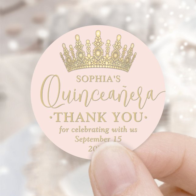 Quinceañera Thank You Chic Blush Pink & Gold Crown Classic Round Sticker (Creator Uploaded)