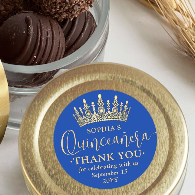 Quinceañera Thank You Chic Royal Blue & Gold Crown Classic Round Sticker (Creator Uploaded)