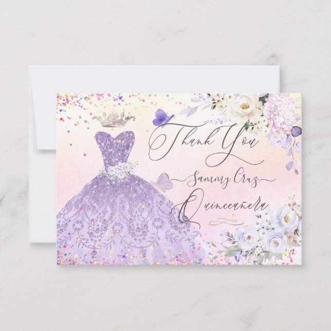 Quinceanera Thank You Dusty Purple Glitter Gown  Invitation (Front)