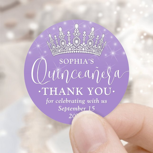 Quinceañera Thank You Elegant Crown Lilac Purple Classic Round Sticker (Creator Uploaded)