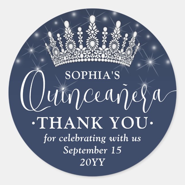 Quinceañera Thank You Elegant Crown Navy Blue Classic Round Sticker (Front)