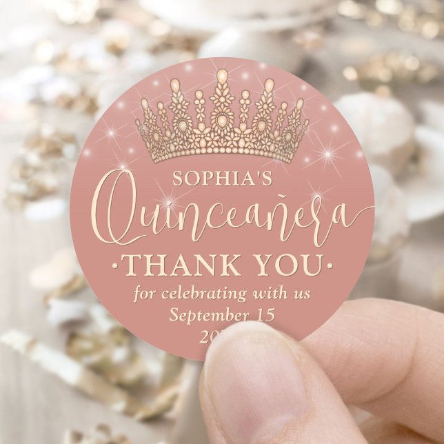 Quinceañera Thank You Elegant Rose Gold Crown Pink Classic Round Sticker (Creator Uploaded)
