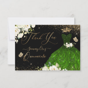 Quinceanera Thank You Emerald Green Glitter Gown Card