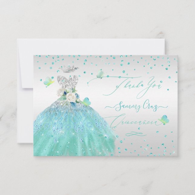 Quinceanera Thank You Glitter Silver Turquois  Invitation (Front)