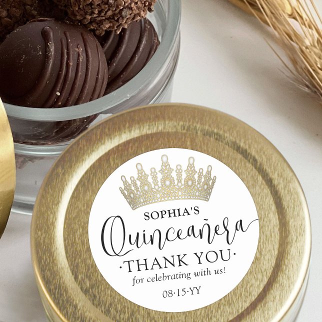 Quinceañera Thank You Modern Script Gold Crown Classic Round Sticker (Creator Uploaded)