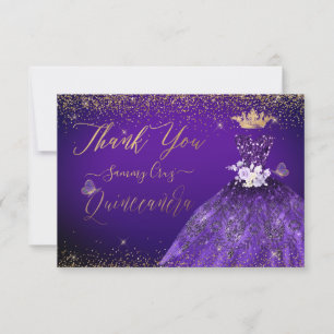 Quinceanera Thank You Purple Glitter Gown Card