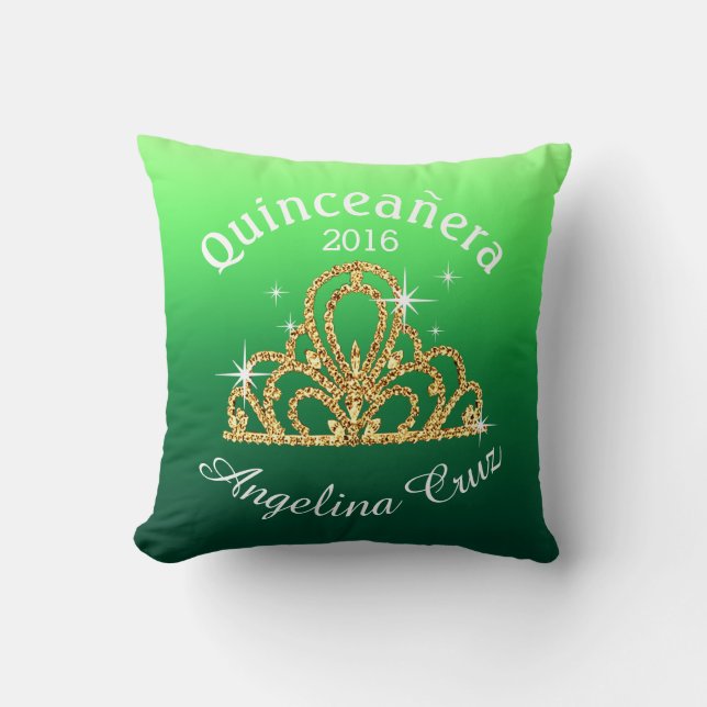 Quinceanera Tiara Bokeh Bling | ombre green Cushion (Front)