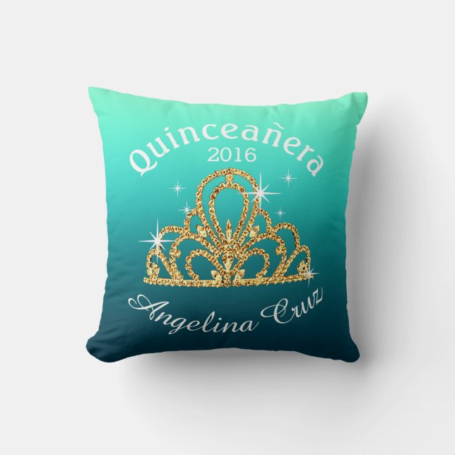 Quinceanera Tiara Bokeh Bling | ombre teal Cushion (Front)